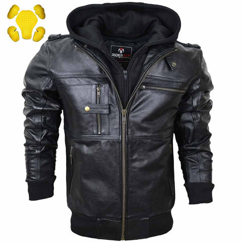RIDERACT® Leather Motorcycle Jacket with Hood Stinger