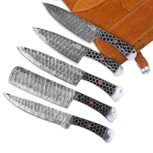 Black Handles Handmade Damascus Kitchen Chef Knives Set of 5 Pieces With Leather Sheath