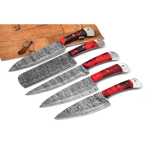 Handmade Damascus Kitchen Chef Knife Set of 5 Pieces - Red Handles Damascus Steel Kitchen Knives Set With Leather Sheath