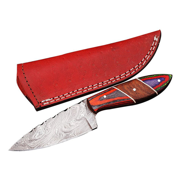 Handmade Damascus Skinner Short Knife AMK005 Professional Chef Knife With Beautiful Leather Sheath