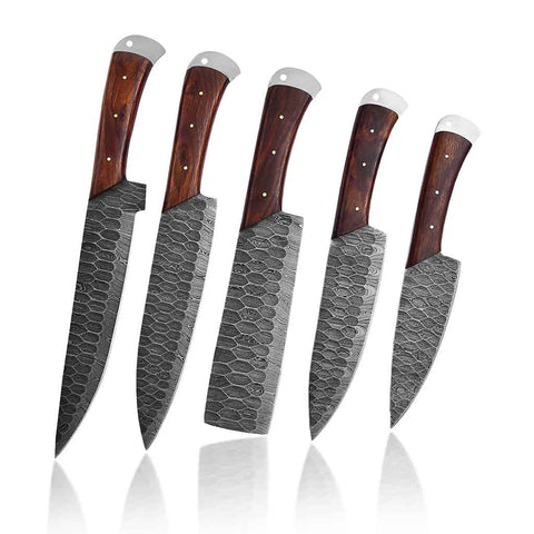 Handmade Damascus Kitchen Chef Knife Set of 5 Pieces - Brown Handles Professional Kitchen Knives Set With Leather Sheath