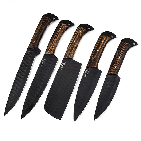 Stainless Steel Black Powder Coated Chef Knives Set of 5 Pieces - Brown Handles Professional Chef Knife Set Multifunctions Kitchen Knives Set With Leather Sheath